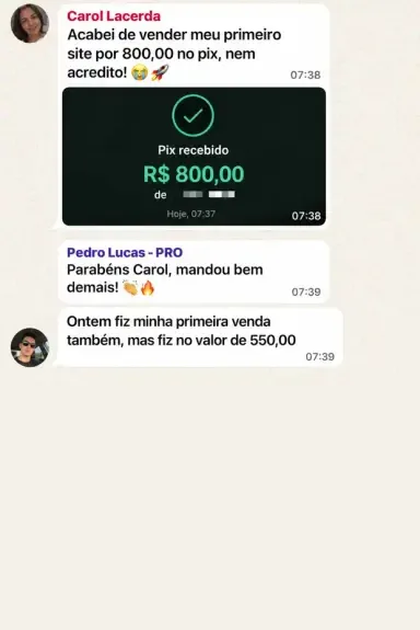 Print de conversa real: Carol Lacerda, Primeira venda